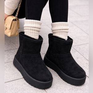 Women's Furry Faux Suede Ankle Platform Booties Black Size 10 NWT